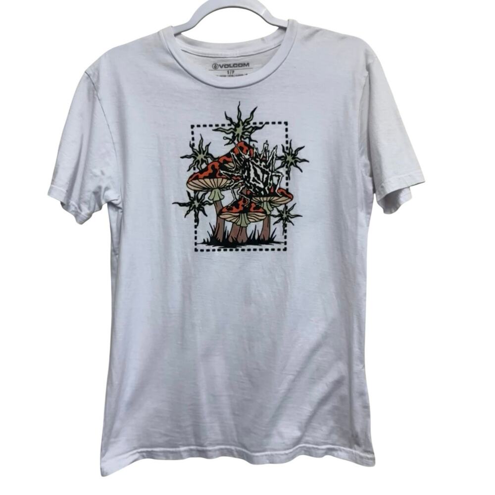 Volcom Graphic Tee Small White Mushroom Print Streetwear Skate Casual Shirt